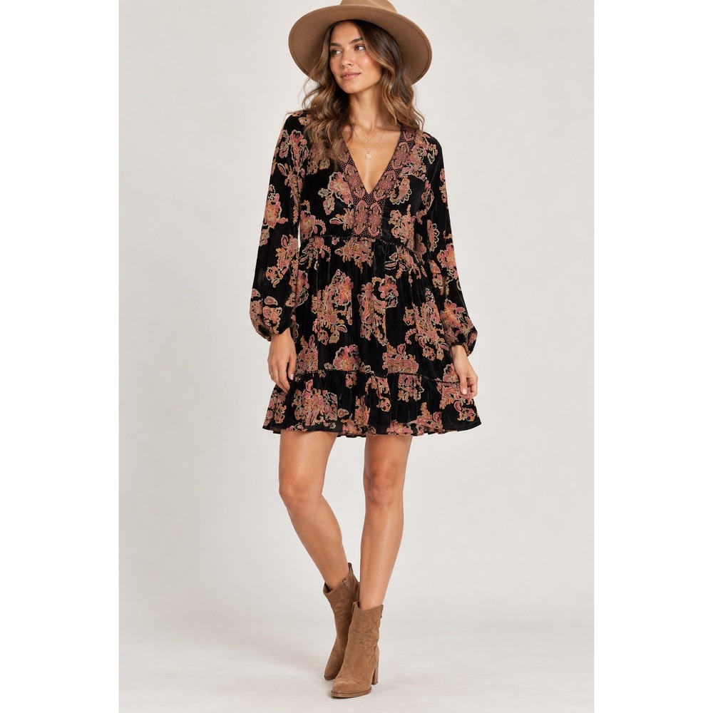 Zara Mini Dress Womens Medium Black Pink Paisley Velvet Burnout Floral Boho